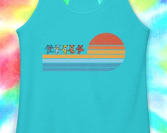 Camiseta sin mangas retro de Grateful Dead con osos bailando al atardecer
