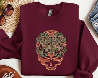 Sudadera "Mamá Agradecida" / Gildan 18000 Cuello redondo / Calavera floral Regalo para el Día de la Madre / Suéter para mamá inspirado en Grateful Dead