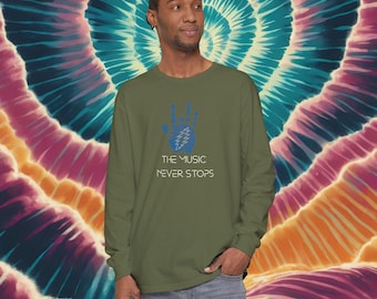 Camiseta de manga larga inspirada en Grateful Dead. La música nunca se detiene. Colores cómodos.