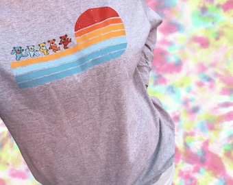 Retro Sunset Dancing Bears Long Sleeve Shirt | Orange Blue Stripes Bella Canvas Tee | Jam Band Inspired Top