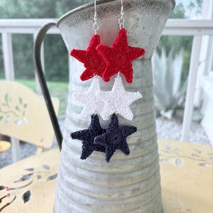 Crochet Star Earrings – Red, White & Blue – Patriotic Handmade Jewelry – 4th of July Accessories