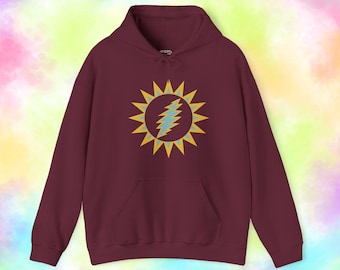 Here Comes Sunshine Hoodie, Lightning Bolt Sun Sweatshirt, Grateful Dead Inspired Gildan 18500 Hoodie, Retro Festival Pullover