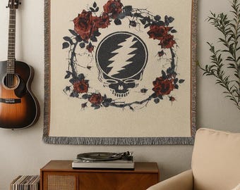 Manta tejida, manta acogedora, decoración bohemia, regalo para amantes de la música, tapiz vintage, tapiz único, inspirado en Grateful Dead.