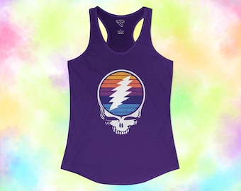 Camiseta sin mangas Retro Sunset Skull Lightning Bolt / Camiseta de tirantes Next Level Racerback / Top de festival con rayas vintage / Inspirada en Grateful Dead