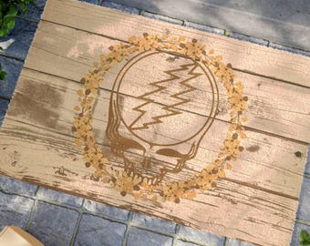 Stealie Daisy Flower Crown Doormat | Rustic Wood Grateful Dead Inspired Welcome Mat 24x16