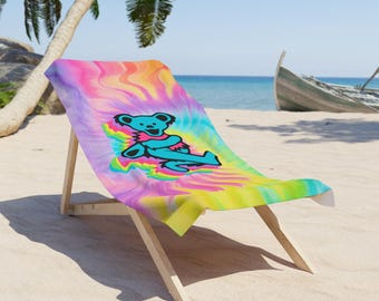 Rainbow Dancing Bear Beach Towel | Tie Dye Festival Towel | Colorful Plush Pool Towel | Music Lover Summer Towel