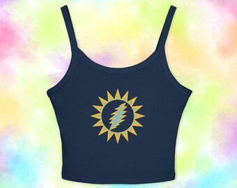 Here Comes Sunshine Tank Top, Lightning Bolt Sun Spaghetti Strap Tank, Grateful Dead Inspired Festival Top, Mid Length Boho Summer Tank