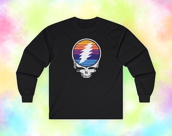 Camiseta de manga larga Retro Sunset Skull Lightning Bolt / Camiseta Gildan 2400 Vintage Stripe / Inspirada en Grateful Dead