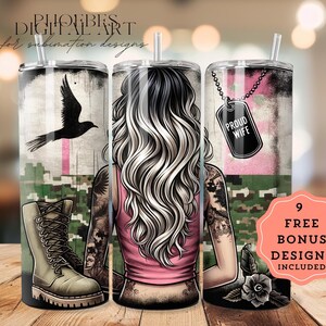 Military Wife Tumbler Wrap, Military Boots, Proud Patriotic Wife, US American Flag, 20 Oz Skinny Sublimation Tumbler Digital Design Download