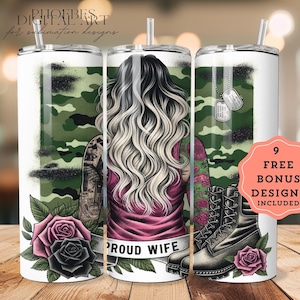 Military Wife Tumbler Wrap, Military Boots, Proud Patriotic Wife, US American Flag, 20 Oz Skinny Sublimation Tumbler Digital Design Download