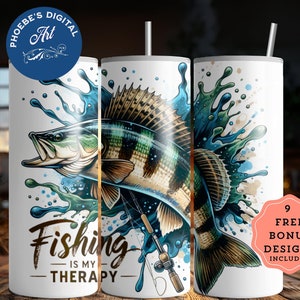 Fishing is My Therapy 20 oz Skinny Tumbler Wrap Sublimation Design Digital Download Funny Fisherman PNG Digital Design