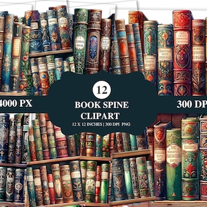 Puede incluir: Un conjunto de 12 imágenes digitales de lomo de libro. Los lomos están diseñados de forma intrincada con detalles ornamentados y presentan una variedad de colores, incluyendo dorado, rojo, azul y verde. Las imágenes miden 30,48 cm por 30,48 cm y 300 DPI.