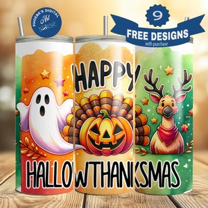 Happy Hallothanksmas 20 oz Skinny Tumbler Halloween PNG, Sublimation Design DIGITAL, Christmas png, Thanksgiving PNG, Funny Holiday Design