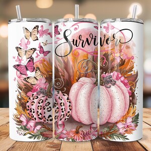 Pink Pumpkin Ribbon Awareness Breast Cancer Survivor Tumbler Wrap 20 oz Skinny Tumbler Sublimation Design Digital Download PNG Instant