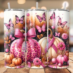 Pink Pumpkin Ribbon Awareness Breast Cancer Survivor Tumbler Wrap 20 oz Skinny Tumbler Sublimation Design Digital Download PNG Instant