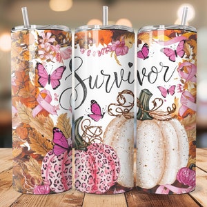 Pink Pumpkin Ribbon Awareness Breast Cancer Survivor Tumbler Wrap 20 oz Skinny Tumbler Sublimation Design Digital Download PNG Instant