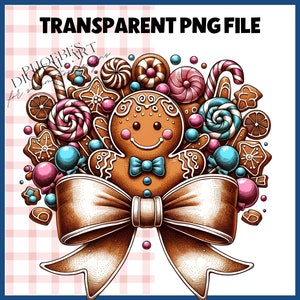May include: A gingerbread man surrounded by colorful candies, lollipops, and cookies, tied together with a large brown bow. The image has a vintage, hand-drawn style.