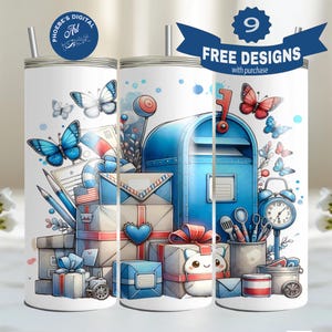 Postal Worker 20 oz Skinny Tumbler Wrap Sublimation Design, Cute Mail Carrier Letter Stamp Collage, Digital Download PNG