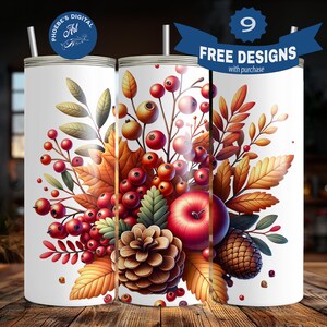Fall Harvest Floral 20 oz Skinny Tumbler Wrap Sublimation Design, Autumn Leaves Apple Pinecone Design, Digital Download