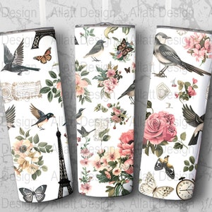 Floral Birds Vintage 20oz Skinny Tumbler Wraps, Digital Download, Straight and Tapered PNG, Sublimation Designs, Commercial Use