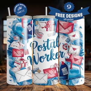 Employé des postes, 20 oz, conception de sublimation d'enveloppe de gobelet maigre, collage de timbre de lettre de facteur mignon, téléchargement numérique PNG