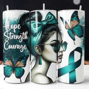Messy Bun Mom Teal Awareness Ovarian Cancer Survivor Tumbler Wrap 20 oz Skinny Tumbler Sublimation Design Digital Download PNG Instant