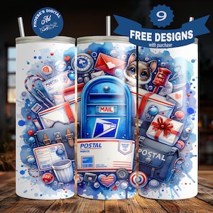 Diseño de sublimación para envoltorio de vaso delgado de 20 oz de trabajador postal, lindo collage de sellos de cartas de cartero, descarga digital PNG