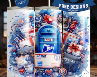 Postal Worker Tumbler Wrap, Mail Carrier Cat Collage (Digital Download PNG)
