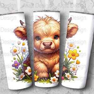 Cute Highland Cow Tumbler Wraps, Highland Cow 20 oz Tumbler, Digitally Painted Cow Wrap, Cow With Flowers Tumbler PNG