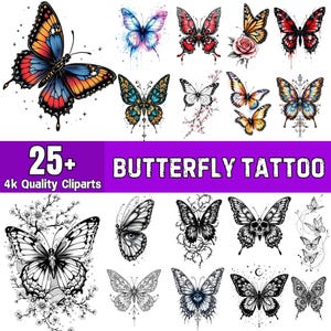 25+ Butterfly Tattoo Cliparts | Butterfly Designs| Digital Tattoo Bundle for Men & Women | PNG Butterfly