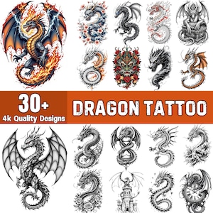 30+ Dragon Tattoo Designs | Dragon Cliparts | Digital Tattoo Bundle for Men & Women | PNG Tattoo Cliparts| Dragon Tattoo Collection