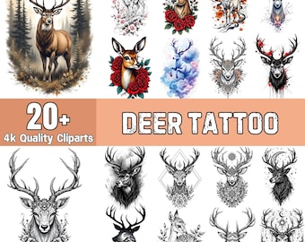 Deer Tattoo Designs: Stag, Antler Cliparts (Digital Download)