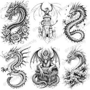 May include: Six black and white illustrations of dragons in various poses. One dragon is guarding a castle, another is holding a treasure chest, and another is flying. The other three dragons are in various poses.