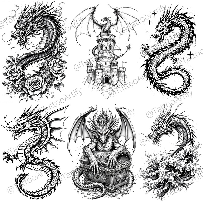 May include: Six black and white illustrations of dragons in various poses. One dragon is guarding a castle, another is holding a treasure chest, and another is flying. The other three dragons are in various poses.