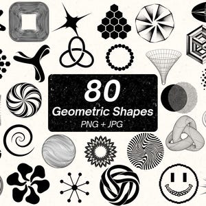 May include: A collection of 80 black and white geometric shapes in various designs, including stars, squares, spirals, and circles. The text "80 Geometric Shapes PNG + JPG" is displayed on a black rectangular background.
