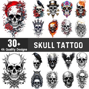 Może przedstawiać: Kolekcja ponad 30 wzorów tatuaży z czaszkami w jakości 4k. Wzory przedstawiają różne style czaszek, w tym czaszki cukrowe, czaszki plemienne i czaszki zwierząt. Niektóre wzory zawierają kwiaty, płomienie i inne elementy dekoracyjne.
