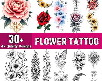 30+ Flowers Tattoo Designs | Flowers Cliparts | Digital Tattoo Bundle for Men & Women | PNG Flower Art