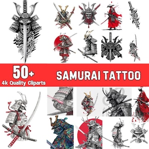 May include: A collection of samurai tattoo designs in various styles, including detailed illustrations of samurai warriors, helmets, and swords. The image includes the text "50+ Samurai Tattoo 4k Quality Cliparts".
