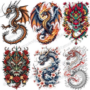 May include: Six different colorful dragon illustrations. The dragons are depicted in various poses, including flying, curled up, and with their heads facing forward. The illustrations are detailed and feature intricate designs.