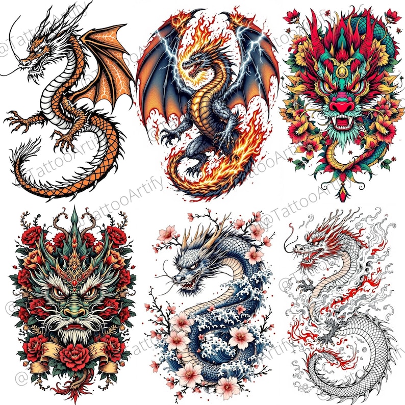 May include: Six different colorful dragon illustrations. The dragons are depicted in various poses, including flying, curled up, and with their heads facing forward. The illustrations are detailed and feature intricate designs.