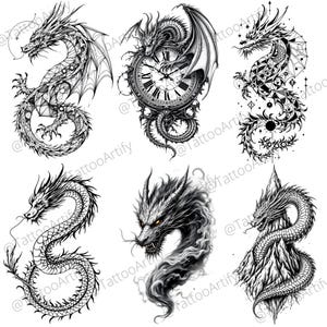 May include: Five black and white line art illustrations of dragons. Each dragon is depicted in a different style, with some dragons having wings and others having a more stylized appearance.