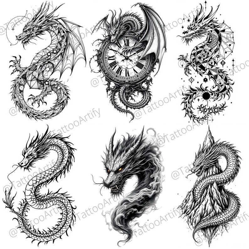 May include: Five black and white line art illustrations of dragons. Each dragon is depicted in a different style, with some dragons having wings and others having a more stylized appearance.
