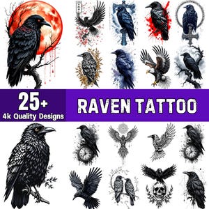 25+ Raven Tattoo Designs | Raven Cliparts | Digital Tattoo Bundle for Men & Women | PNG Raven