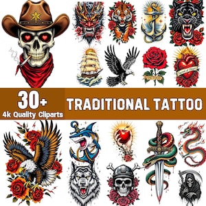 30+ Traditional Tattoo Designs | Traditional Tattoo Cliparts | Digital Tattoo Bundle for Men & Women | PNG Traditional Tattoo