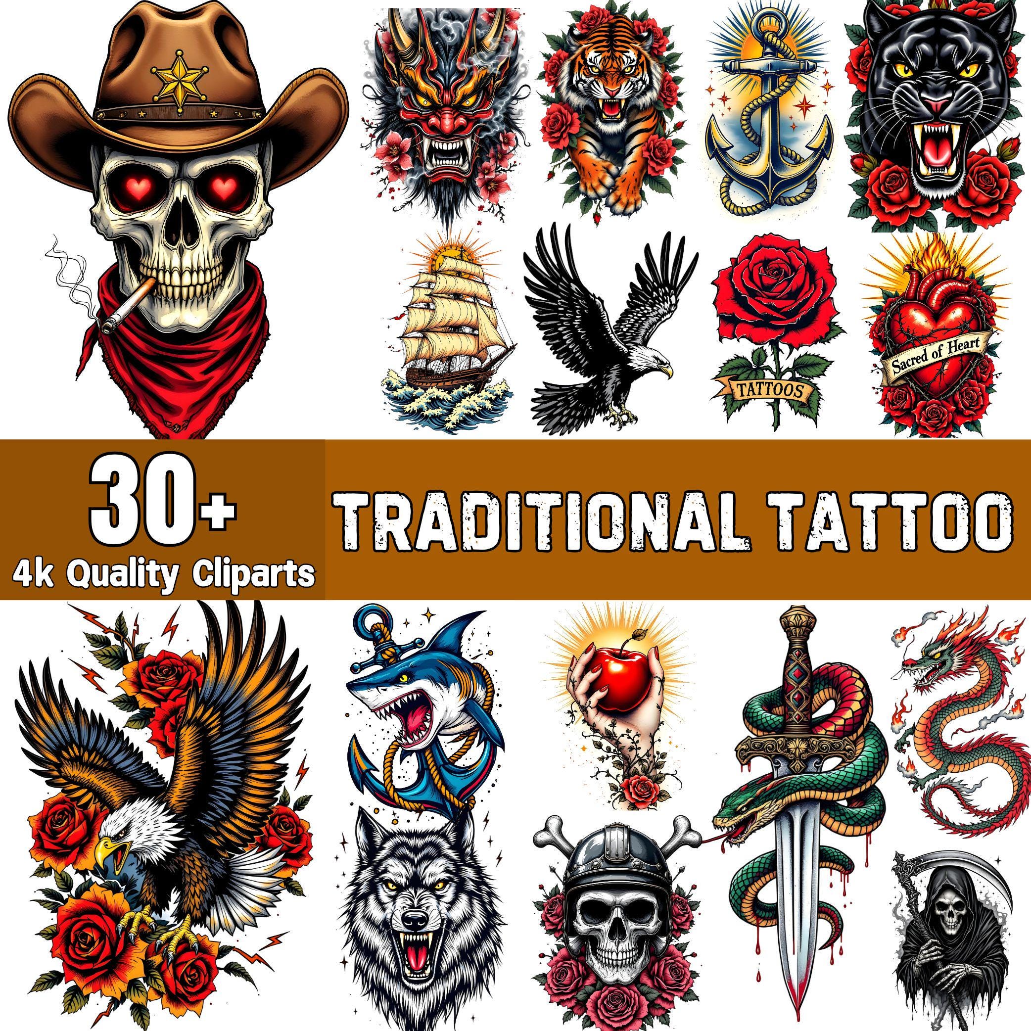 30+ Traditional Tattoo Designs | Traditional Tattoo Cliparts | Digital Tattoo Bundle for Men & Women | PNG Traditional Tattoo