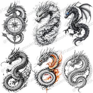 May include: A set of six black and white dragon tattoo designs. The dragons are depicted in various poses, including flying, curled up, and holding a compass. The designs are intricate and detailed, with scales, claws, and wings.