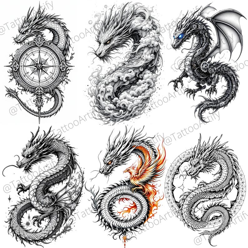 May include: A set of six black and white dragon tattoo designs. The dragons are depicted in various poses, including flying, curled up, and holding a compass. The designs are intricate and detailed, with scales, claws, and wings.