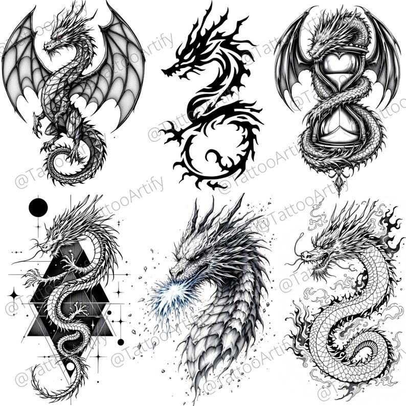 May include: Six different black and white dragon tattoo designs. The dragons are drawn in various styles, including traditional, tribal, and geometric. Some dragons are depicted with wings, while others are wingless. All dragons are drawn in a detailed and intricate style.