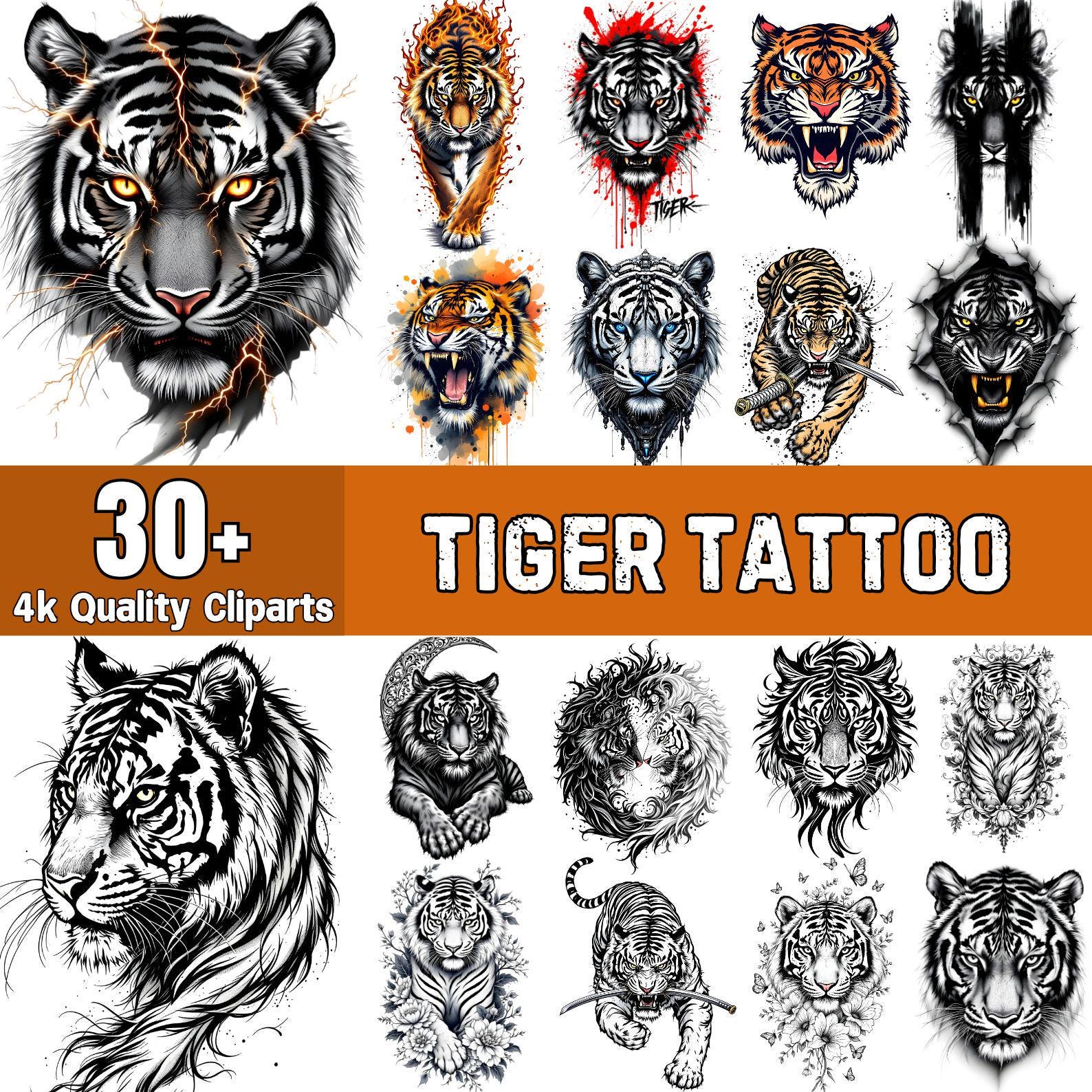 Tiger Tattoo Designs: 31 PNG Cliparts, Digital Art Bundle - Etsy