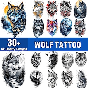 Op de afbeelding: Een verzameling wolf tattoo ontwerpen in verschillende stijlen, waaronder aquarel, zwart-wit en bloemaccenten. De afbeelding bevat de tekst "30+ 4k Quality Designs" en "WOLF TATTOO".